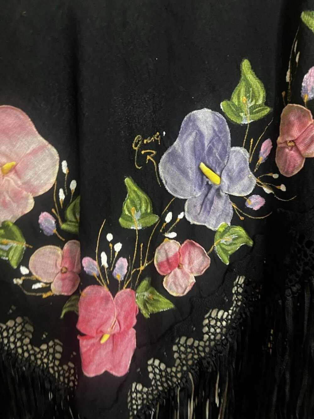 Ana Rosa Mexico Hand Painted Floral Cotton Fringe Wrap Shawl - Picture 5 of 7